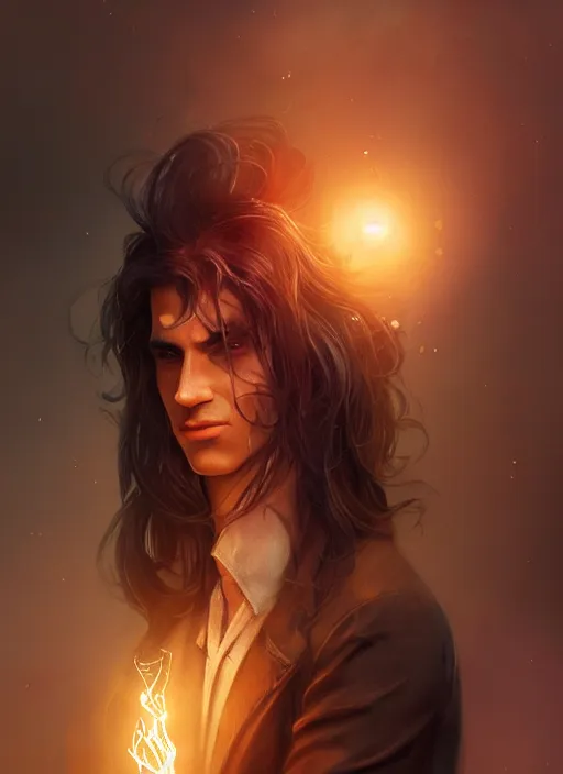 Image similar to side profile of a man with long black hair in brown rags holding a magical orb, fantasy, digital painting, volumetric light, intricate, sharp, focus, bloom, illustration, highly detailed, concept art, matte, art by anna dittmann and ilya kuvshinov and greg rutkowski, masterpiece