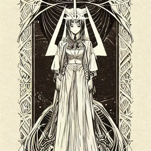 Prompt: precisely drawn illustration of anime cloaked high priestess of a goddess, old-fashioned tarot card, victorian playing card, sepia tone, wide angle, sharp, fine details, anime, manga, cyberpunk, intense line art, 8k, precise linework, realistic, shaded lighting by katsuhiro otomo ghost-in-the-shell, magali villeneuve, artgerm, rutkowski Jeremy Lipkin and Giuseppe Dangelico Pino and Michael Garmash and Rob Rey