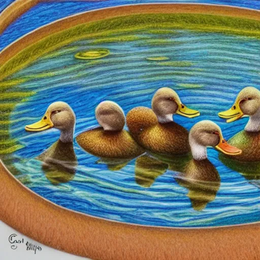 Image similar to Colored pencil art on paper, Ducks swimming in pond, highly detailed, artstation, MasterPiece, Award-Winning, Caran d'Ache Luminance