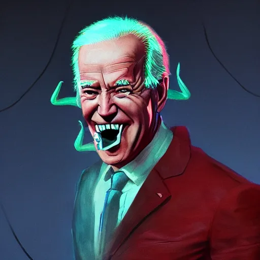 Prompt: a post - minimalism portrait of biden as the devil with mouth filled with unpeeled eggs with very long legs vibrant color scheme, highly detailed, in the style of romanticism, cinematic, artstation, moebius, greg rutkowski