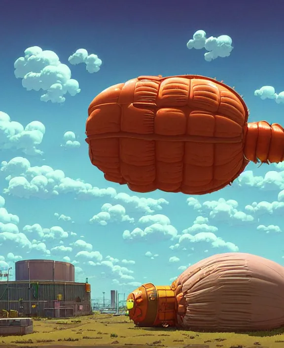 Image similar to inflated industrial plant made from obese isopod lobster octopus, in the style of puffy spaceship, giant botany, partly cloudy, spooky, dramatic lighting, by geof darrow, bill sienkiewicz, dan mumford, yusuke murata, makoto shinkai, ross tran, cinematic, unreal engine, cel shaded, featured on artstation, pixiv