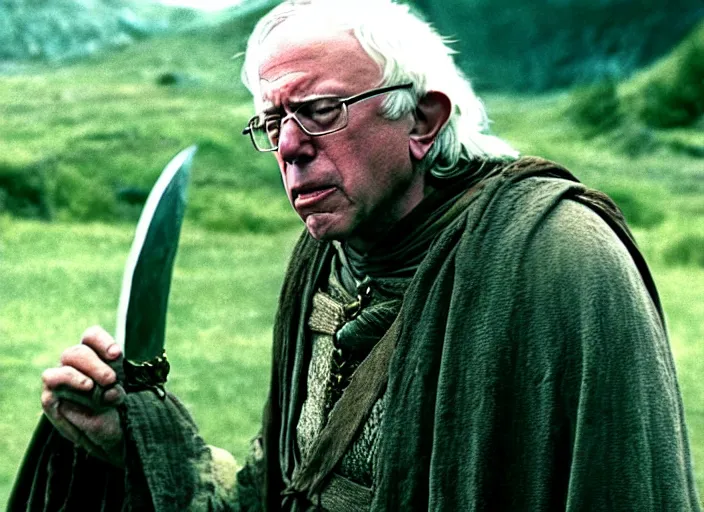 Image similar to film still of bernie sanders as aragorn in lord of the rings movie, 8 k