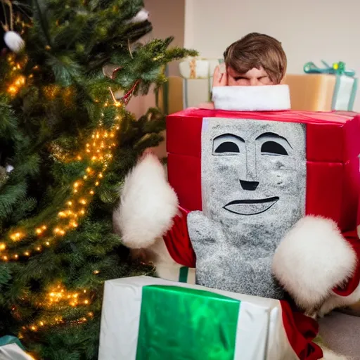 Image similar to a kid at christmas disappointed and crying looking a giant moai statue, his hands buried in his face, sitting down, looking disgusted and annoying | inside of a house next to a christmas tree, large opened present box next to the moai