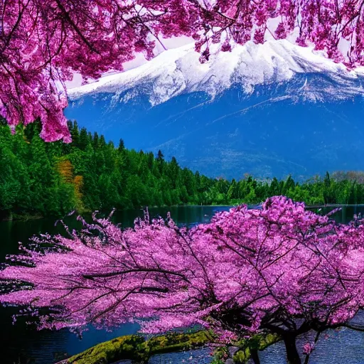 Prompt: forest and lakes with purple Sakura flowers with snow mountains at the background, masterpiece