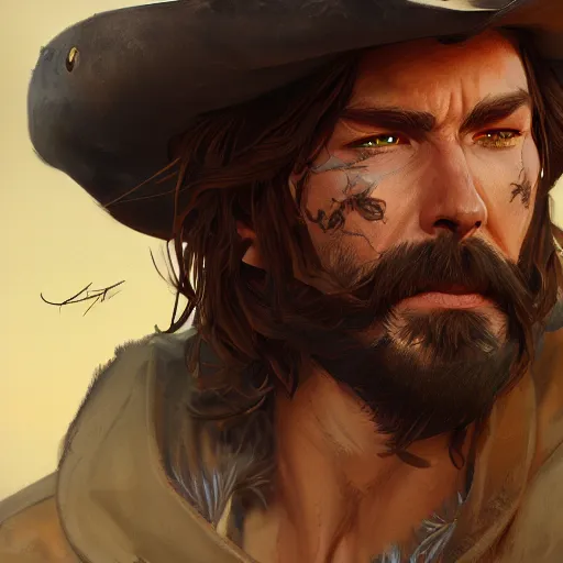 Image similar to rugged bearded cowboy, painted fantasy character portrait, headshot, fantasy, highly detailed, digital painting, artstation, concept art, sharp focus, illustration, art by artgerm and greg rutkowski and alphonse mucha