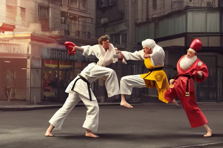 Image similar to ronald macdonald fights, colonel sanders, hyper real, 8 k, octane render, vivid, bright, photo realistic, martial arts, city street