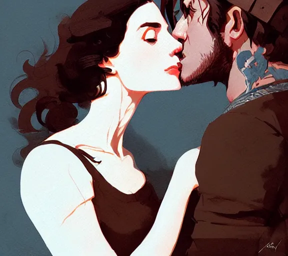 Prompt: portrait of jamie kissing claire by atey ghailan, by greg rutkowski, by greg tocchini, by james gilleard, by joe fenton, by kaethe butcher, dynamic lighting, gradient light blue, brown, blonde cream and white color scheme, grunge aesthetic