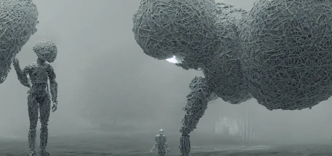 Image similar to a complex organic fractal 3 d metallic symbiotic ceramic humanoid megastructure creature in a suburban home, foggy, cinematic shot, photo still from movie by denis villeneuve, wayne barlowe