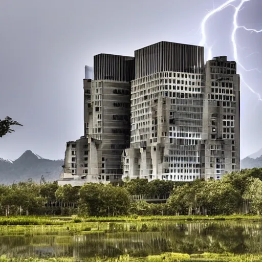 Image similar to a centered magnificent building of le Corbusier standing in the middle of manathan, apocalypse lightning, high quality, 4k