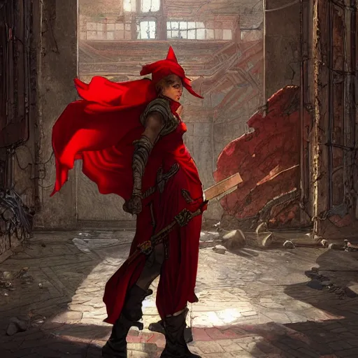 Image similar to Red Mage from Final Fantasy exploring a post-apocolyptic shopping mall ruin, D&D, fantasy, intricate, cinematic lighting, highly detailed, digital painting, artstation, concept art, smooth, sharp focus, illustration, art by Artgerm and Greg Rutkowski and Alphonse Mucha