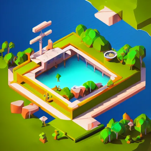 Image similar to isometric bowl island on neon background, isometric invironment, 3d art, isometric art, amazing detail, artstation, concept art, behance, ray tracing