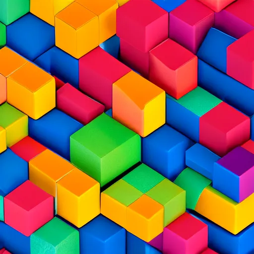 Image similar to an axonometric isometric photo of a closely stacked series of many individually coloured blocks. each blocks has a unique single colour and have a satin finish. are made of a satin resin. photorealistic, architectural model, octane render, path tracing