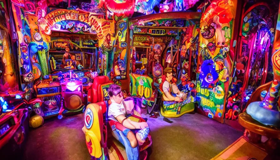 Image similar to 1990s photo of inside the Crazy Joe's Mystery House Show ride at Universal Studios in Orlando, Florida, riding Joe's head through Joe's funny happy world dreams, cool lights, cinematic, UHD