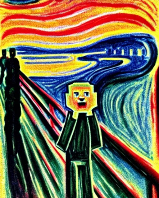 Image similar to minecraft creeper as the subject of the scream by edvard munch