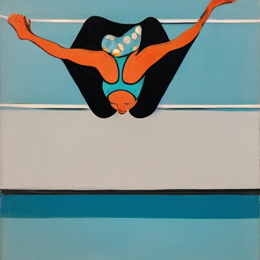 Prompt: acrylic painting on wood of a woman wearing a swimming cap diving from a high diving board into a pool. the pool is out of frame. teal, white, black and grayscale. simple. flat. vintage, mid - century modern. mid - drive, in the air, fully body, anatomically correct by edward hopper