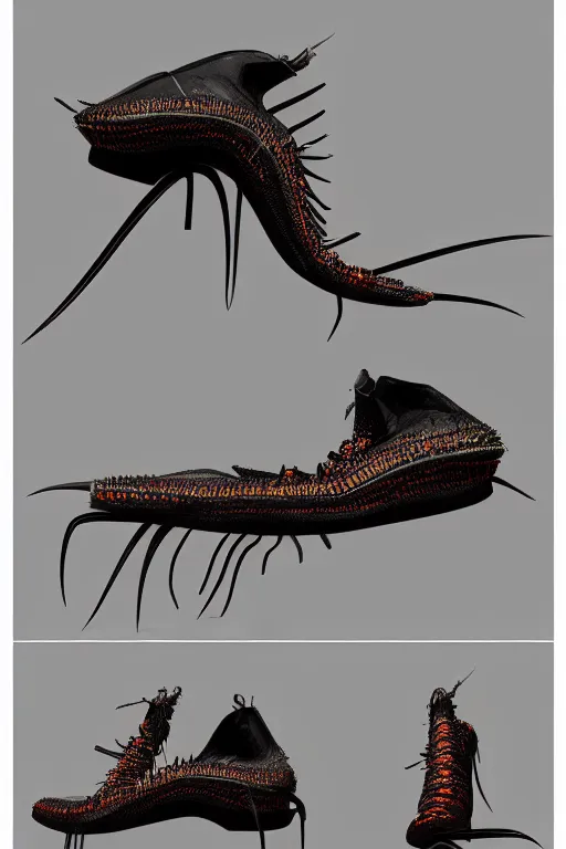 Prompt: a shoe designed after a centipede , concept art, trending on artstation 3D.