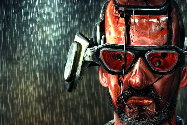 Prompt: photorealistic oil painting of gordon freeman in a damaged, scratched and worn down hev suit, night, rain, dense fog, dark room, cinematic, volumetric lighting, f 8 aperture, cinematic eastman 5 3 8 4 film, photorealistic
