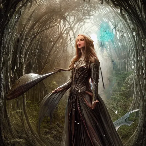 Prompt: Gorgeous Galadriel in armour standing in a fantastical machine forest, highly detailed, half fractal face, cinematic, 8k, by Stanley Artgermm, Tom Bagshaw, Greg Rutkowski, Carne Griffiths, Ayami Kojima, Beksinski, Giger, trending on DeviantArt, hyper detailed, full of color, digital art,