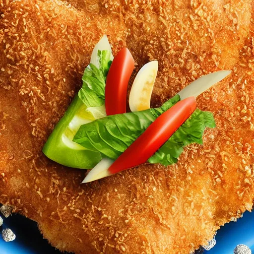 Prompt: breaded chicken with a crown on top in a palace, hyper realistic, 4k