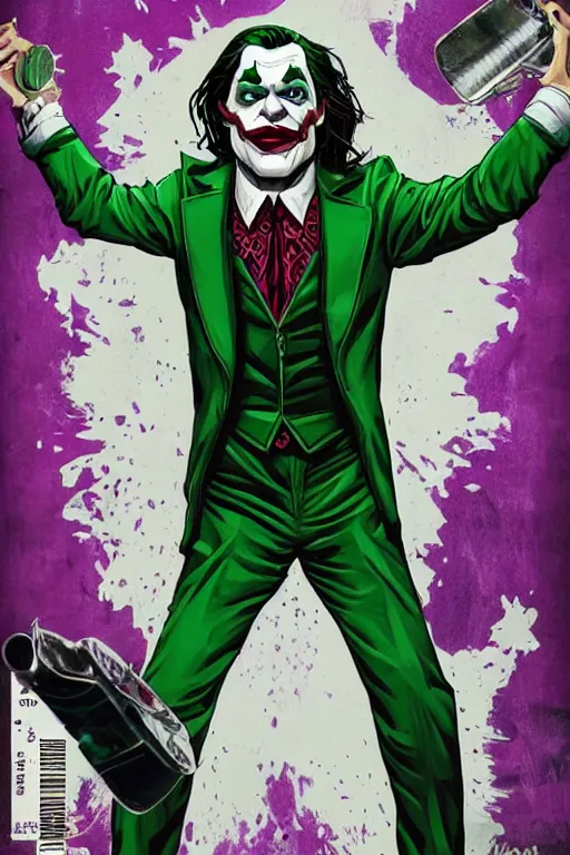 Image similar to joaquin phoenix as joker, comic book cover, issues 2 0, by dc comics, justify content center, delete duplicate object content!, violet polsangi pop art, gta chinatown wars art style, bioshock infinite art style, incrinate, realistic anatomy, hyperrealistic, 2 color, white frame, content balance proportion