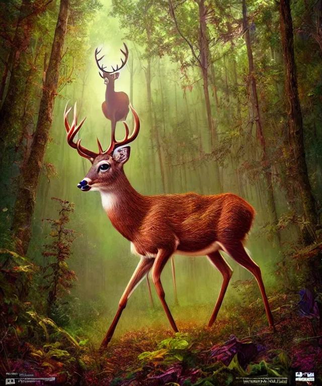 Image similar to a realistic deer, walking through a psychedelic forest, wide angle landscape shot, pixar style by tristan eaton, artgerm and tom bagshaw