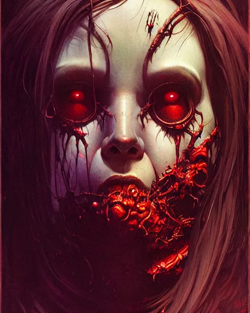 Image similar to d. va from overwatch, character portrait, portrait, close up, concept art, intricate details, highly detailed, horror poster, horror, vintage horror art, realistic, terrifying, in the style of michael whelan, beksinski, and gustave dore