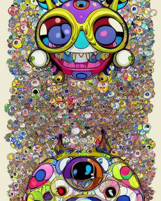 Image similar to triple decker fantastical, cute, and beautiful hybrid of the anatomy of different animals, a humorous psychedelic creature concept design by Takashi Murakami and Toru Narita, in the style of Takashi Murakami, maximalist hyper detailed