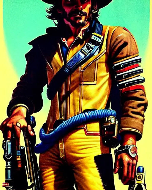 Image similar to mccree from overwatch, space suit, character portrait, portrait, close up, concept art, intricate details, highly detailed, vintage sci - fi poster, retro future, in the style of chris foss, rodger dean, moebius, michael whelan, and gustave dore