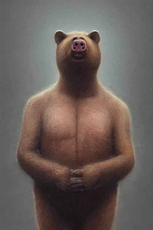 Prompt: half man half bear half pig, zdislaw beksinski, trending on artstation,