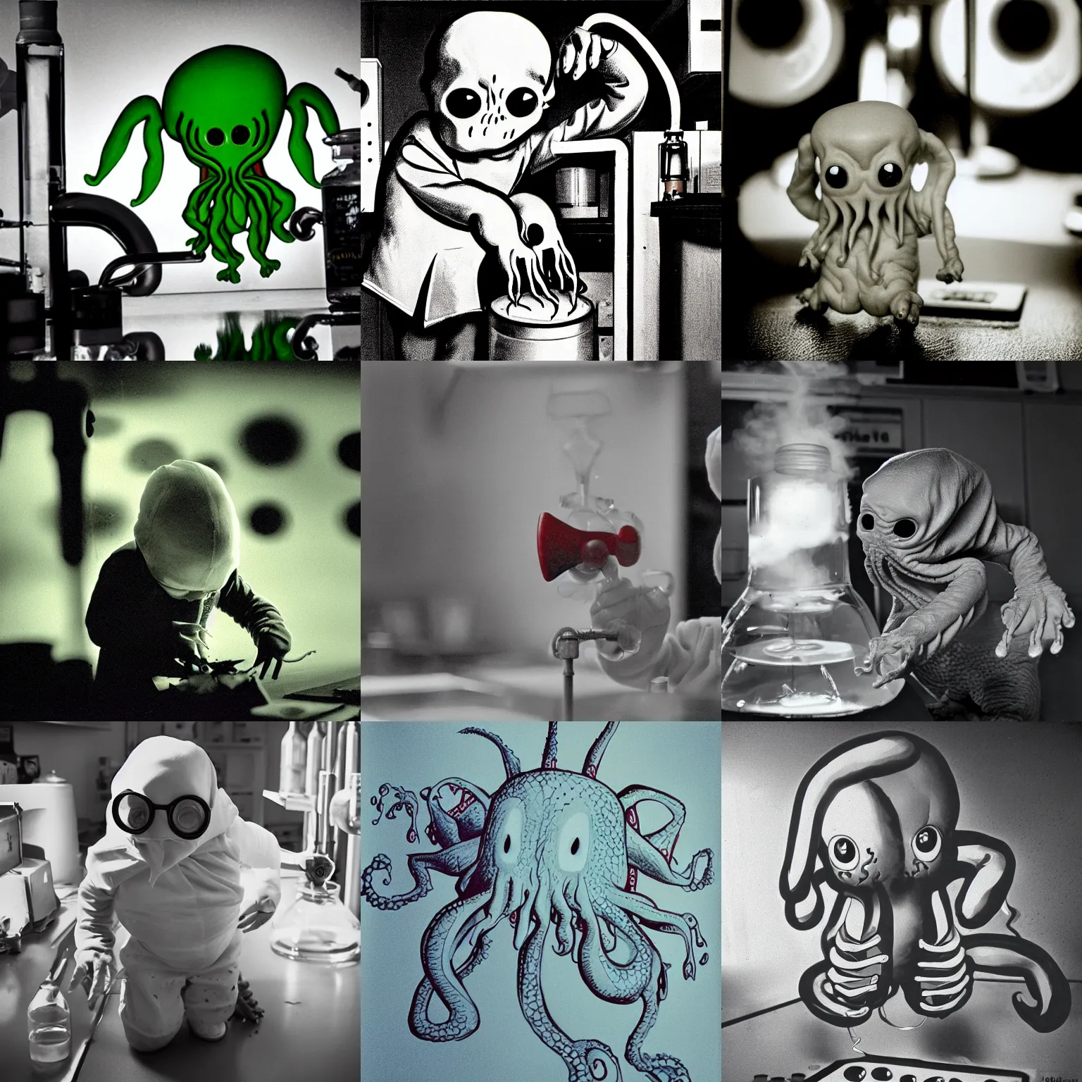 Prompt: baby cthulhu studying carbon in the chemistry lab, low shot, soft shadow, kenny scharf