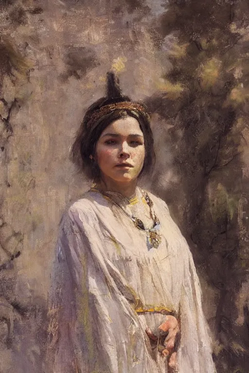 Image similar to Richard Schmid and Jeremy Lipking full length portrait painting of a young beautiful woman bible priestess in elaborate costume