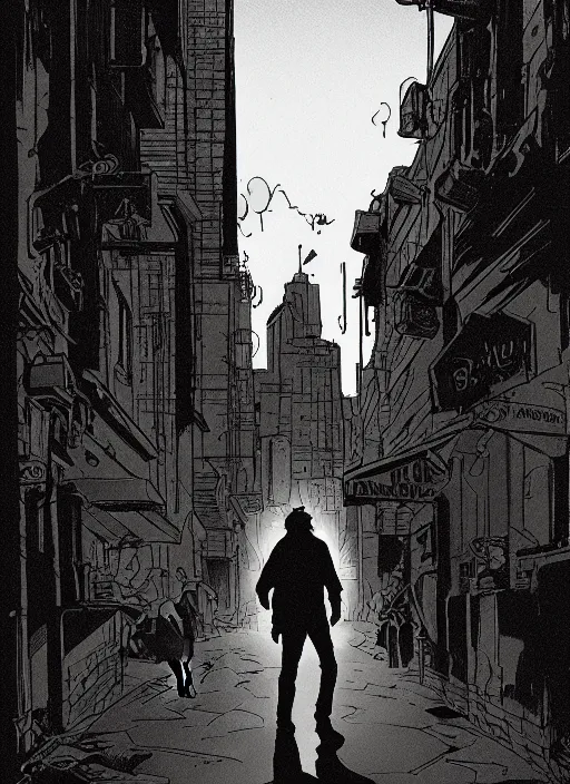 Image similar to young blonde beautiful male boy walking on a city street, mike mignola style, comics, beautiful composition, wide angle, cinematic, volumetric lighting, intricate details