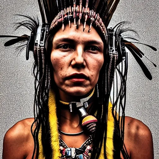 Image similar to portrait of a cyberpunk tribal woman, ornate headdress with cables feathers and bones, gritty realism, movie still,