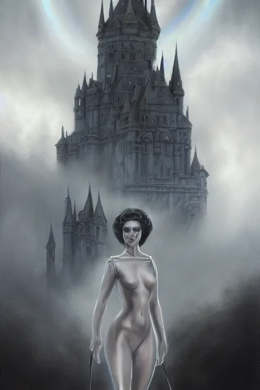 Image similar to By Tom Bagshaw and Boris Vallejo, ultra realist soft painting of a castle court by night female fully dressed, horror, omnious sky, symmetry accurate features, very intricate details, fading rainbow light, black and white, volumetric light clouds, artstation, 8K