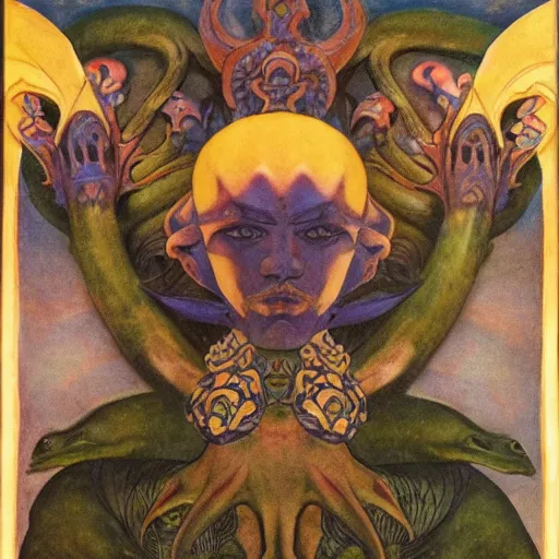 Image similar to the tentacle crown, by Annie Swynnerton and Nicholas Roerich! and (((Diego Rivera))) and (((Edmund Dulac))), bioluminescent skin, tattoos, elaborate costume, geometric ornament, symbolist, rich colors, dramatic lighting, smooth, sharp focus, extremely detailed