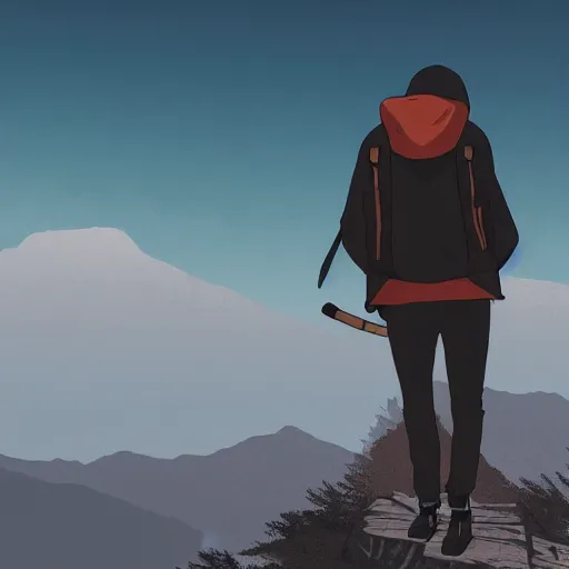 Prompt: person with hoodie walking up a mountain with a backpack that has katanas on the sides by ilya kuvshinov, amazing composition, astonishing detail, smooth lines, beautiful scenery