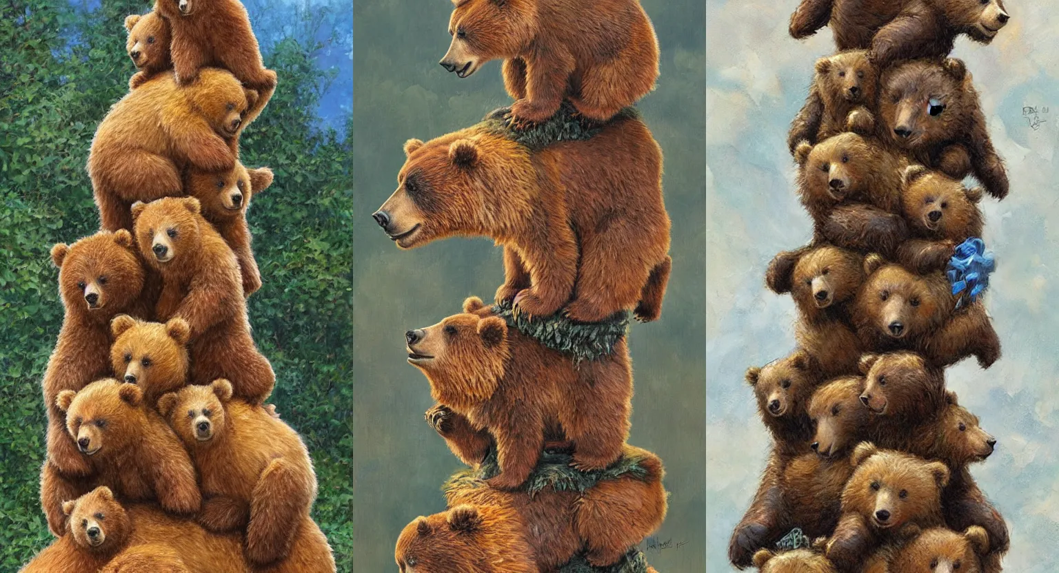 Prompt: A precarious tower of bears, standing on top of eachother. Stacked bears. by Ralph Horsley