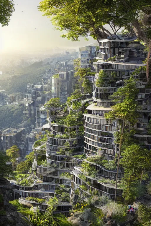 Prompt: an awesome sunny day environment concept art on a cliff, nature meets architecture by kengo kuma, with village, residential area, mixed development, highrise made up staircases, balconies, full of glass. cgsociety, fantastic realism, matte painting, terragen, artstation hq