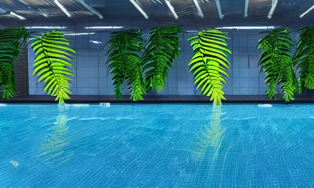 Image similar to 3d render of indoor pool with ferns and palm trees, pool tubes, chromatic abberation, depth of field, 80s photo