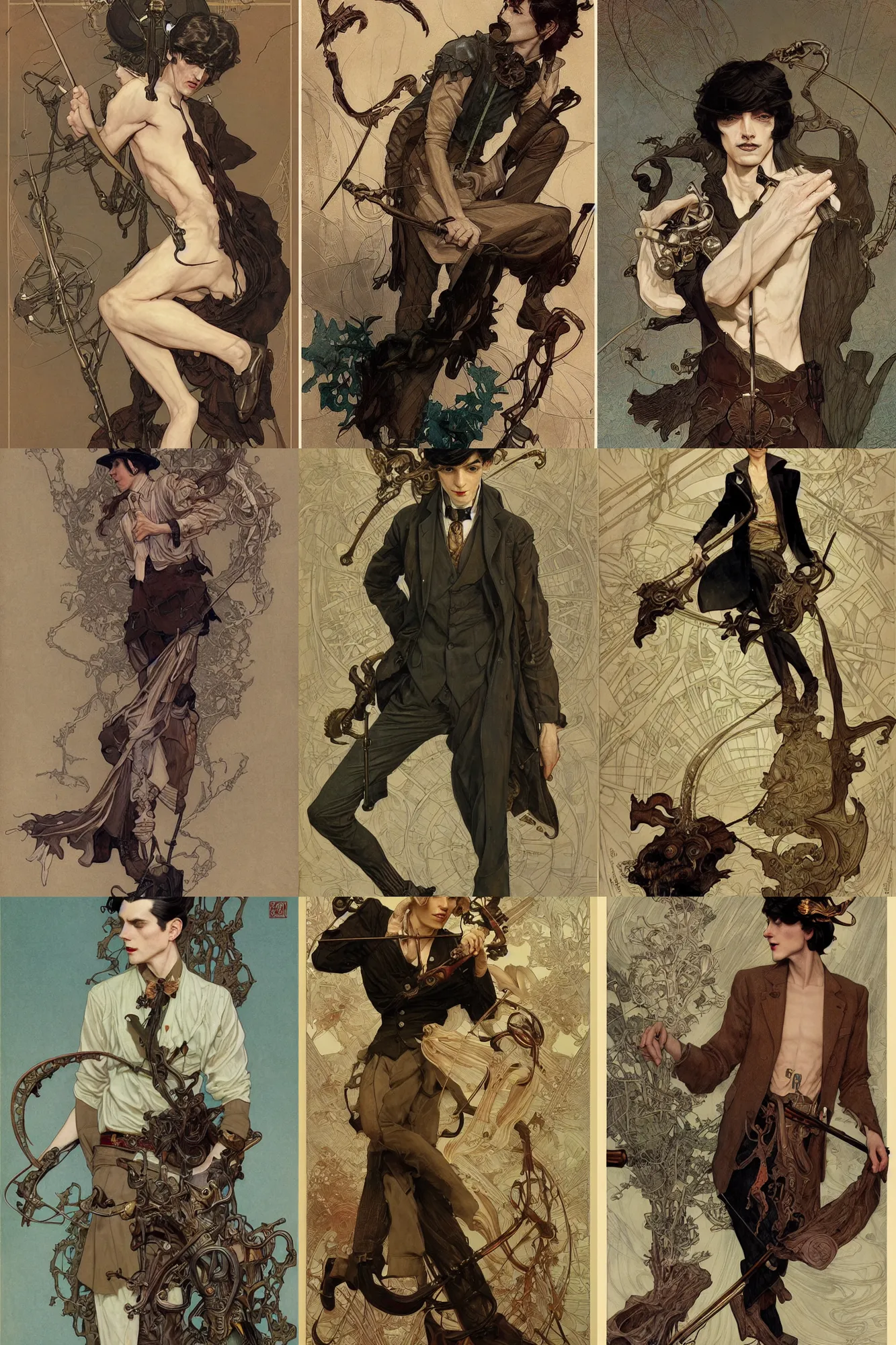 Prompt: thin young male, cane, long dark hair, 1 9 2 0 s fashion, fantasy, highly detailed, intricate, smooth, art by joseph leyendecker, peter mohrbacher, ruan jia, marc simonetti, ayami kojima, cedric peyravernay, alphonse mucha, victo ngai