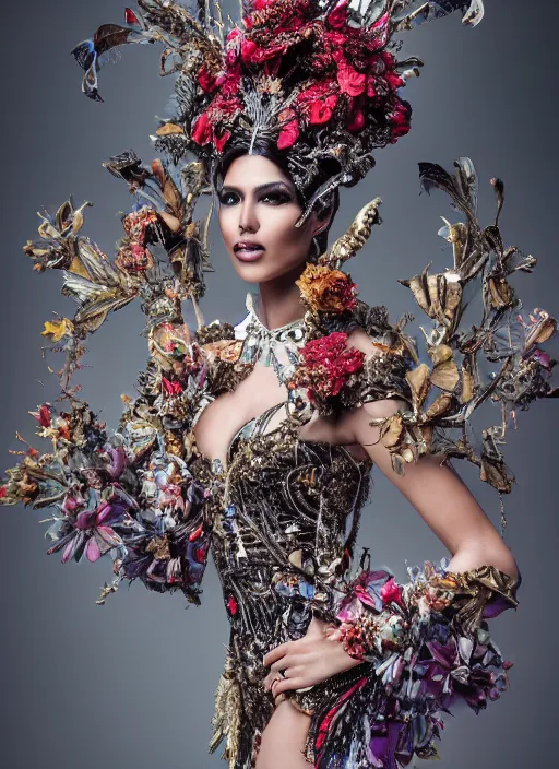 Prompt: full body environmental portrait photo of a miss universe in creative costume, ornate headpiece made from flowers, ornaments, glamour shot by lindsay adler and stefan gesell, photorealistic, canon r 3, fashion photography, hyper maximalist, sharp focus, ornate, elegant, luxury and elite, symmetrical features, octane render, unreal engine, solid dark grey background, dramatic lights