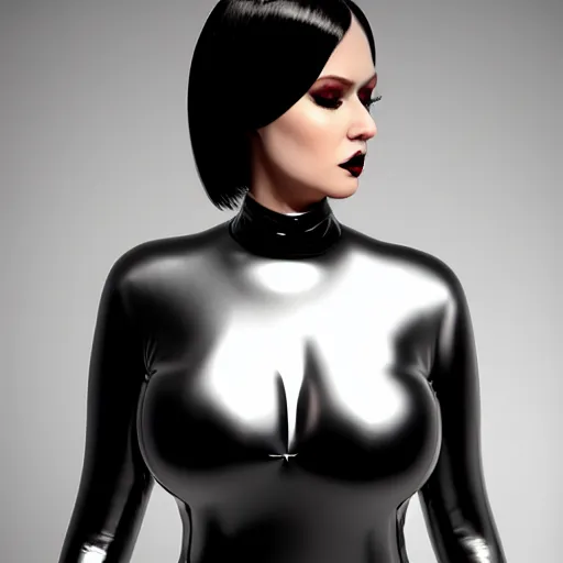 Prompt: a curvy pale goth woman wearing an elegant tight shiny dark latex high-neck dress, cgsociety, photorealistic, sublime-cool-hot-hyperadvanced, 16k, smooth, sharp focus, trending on ArtStation, volumetric lighting, fully clothed, thin waist