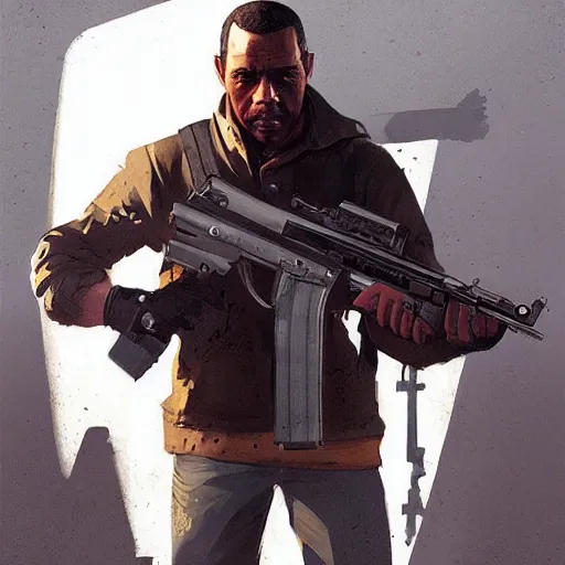 Prompt: franklin from gta v holding a huge machine gun by greg rutkowski