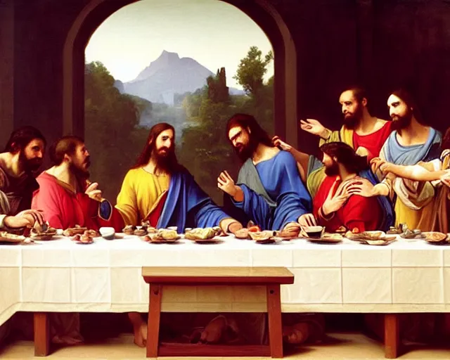 Image similar to beautiful glorious realistic oil painting of the last supper, baroque style in the style of bouguereau, highly detailed and photorealistic, 8 k high detail and intricate