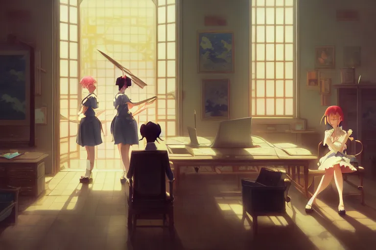 Image similar to baroque oil painting of key visual concept art of anime maids doing office work, brutalist, dark fantasy, rule of thirds golden ratio, fake detail, trending pixiv fanbox, acrylic palette knife, style of makoto shinkai studio ghibli genshin impact james gilleard greg rutkowski chiho aoshima