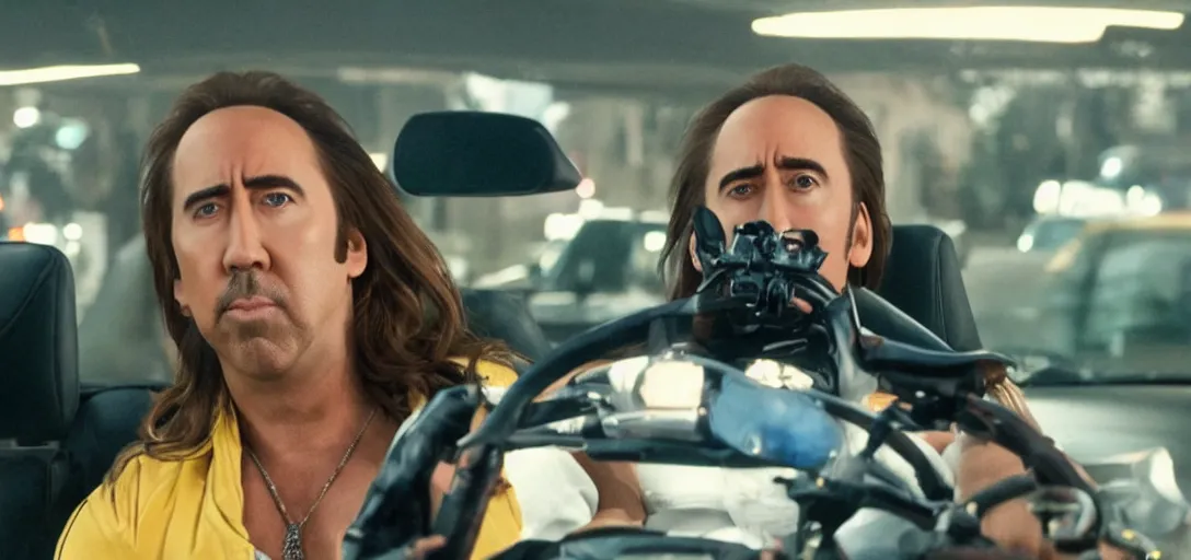 Image similar to nicholas cage in a mario kart, movie still, from the new fast and furious movie, hd, 8 k