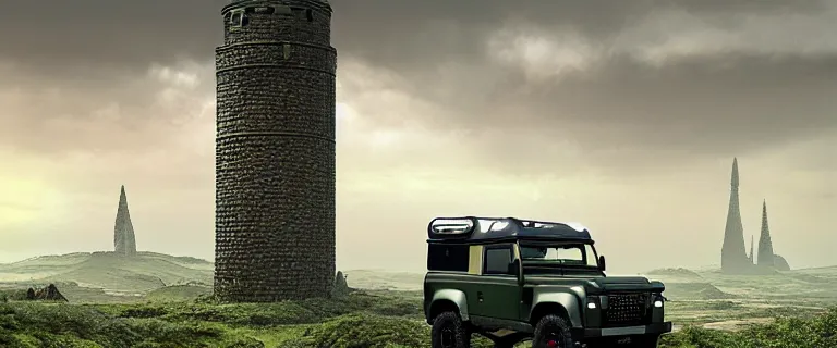 Prompt: Land Rover Defender 110 (1985), an epic fantasy, dramatic lighting, cinematic, establishing shot, extremely high detail, photorealistic, cinematic lighting, artstation, by simon stalenhag, The Elder Scrolls IV: Oblivion, Green Cyrodiil plains, Imperial City with the Adamantine Tower in the middle in the distance, Adamantine Tower in the distance, at day