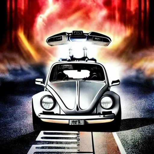 Prompt: back to the future with a volkswagen beetle, movie poster, epic lighting, eighties, sci - fi, artistic