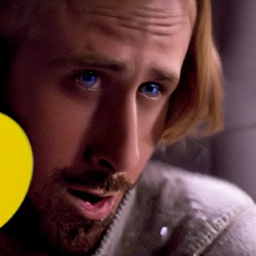 Image similar to Movie still of Ryan Gosling as humanoid Pacman, big round yellow head