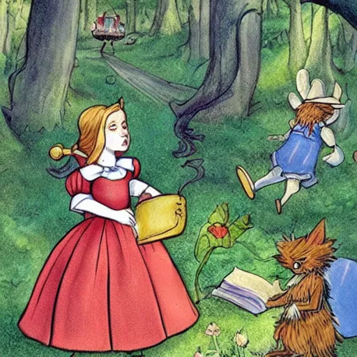 Image similar to Alice in Wonderland and Wizard of Oz mixed into a dream storybook illustration